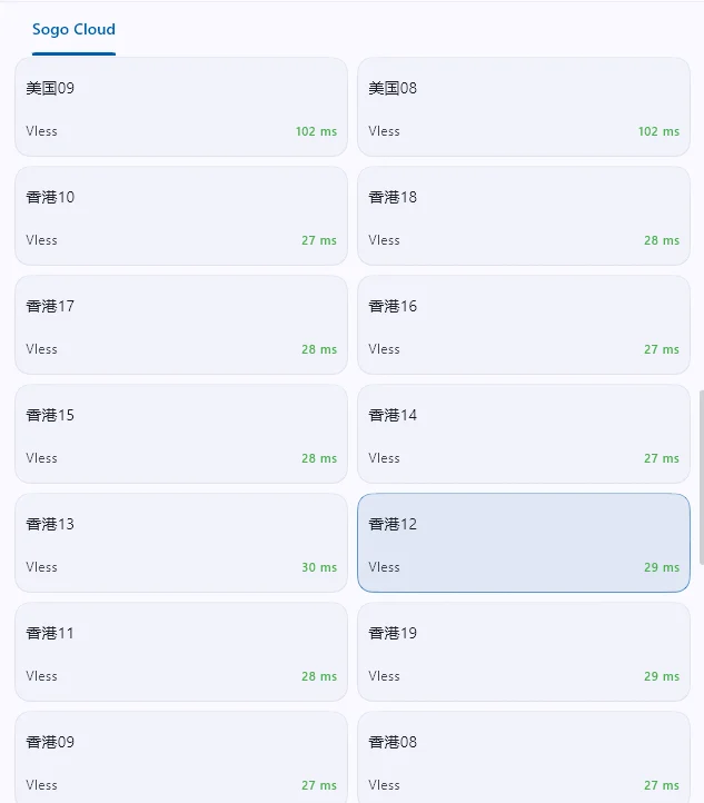 sogo云 节点延迟测试截图：香港节点