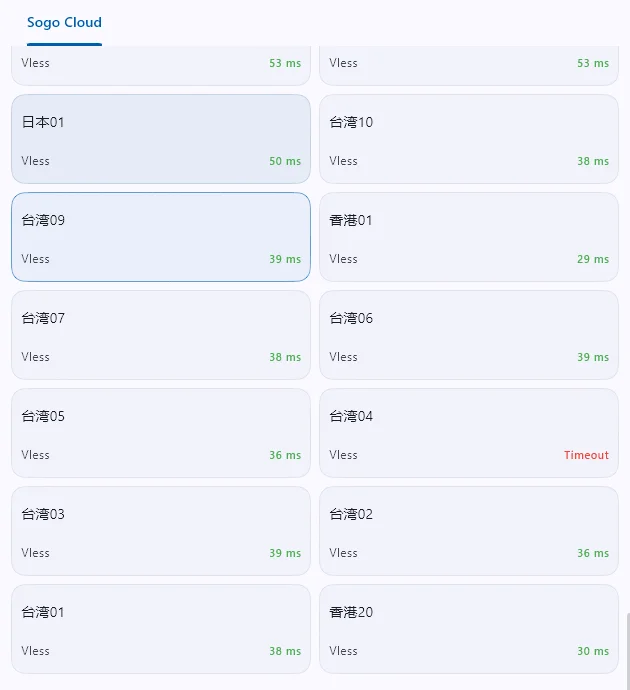 sogo云 节点延迟测试截图：台湾、香港节点